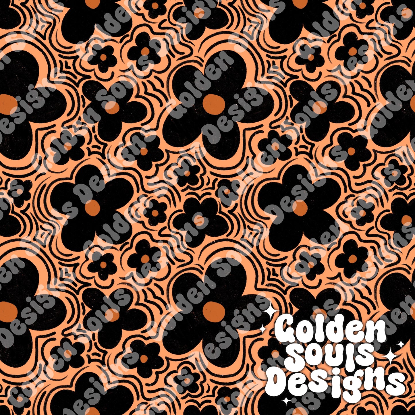 Black on Orange Wavy Floral